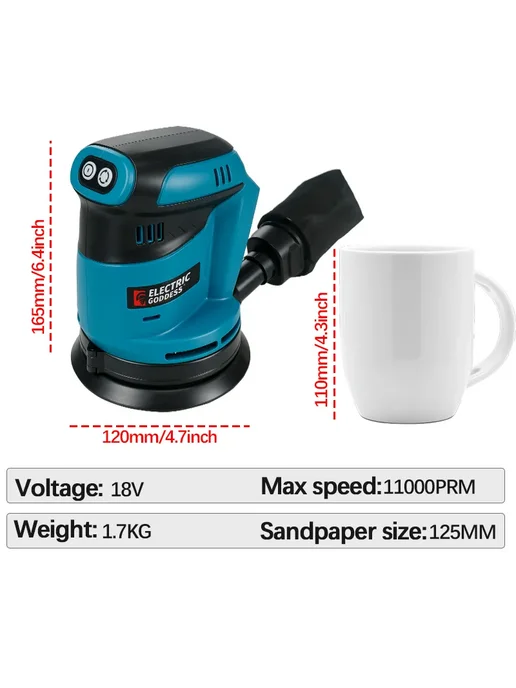 Нет бренда Электрическая орбитальная шлифмашина Makita 18В черный+сини, черный, фото 3