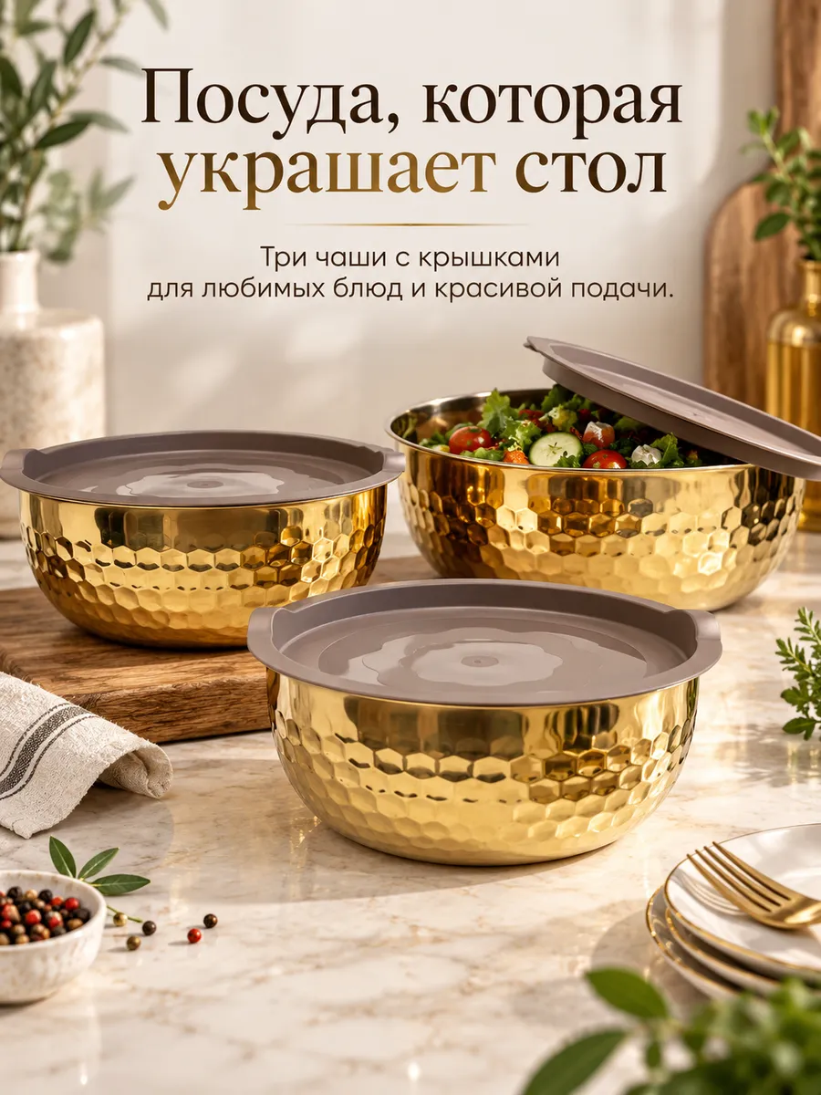 Набор сервировочных мисок с крышками 3 шт золотистые