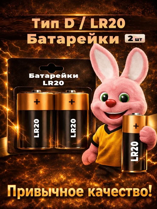 Батарейка D, щелочная, 1,6 В, 4500 мА·ч, 2 шт, 2 шт