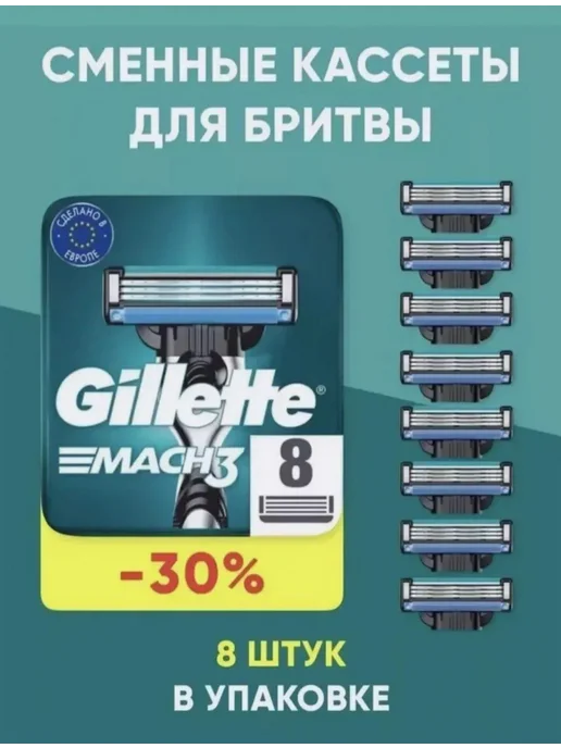 GILLETTE Кассеты для бритья мужские сменные 3 лезвия Mach3 Turbo 2 шт, 8 шт