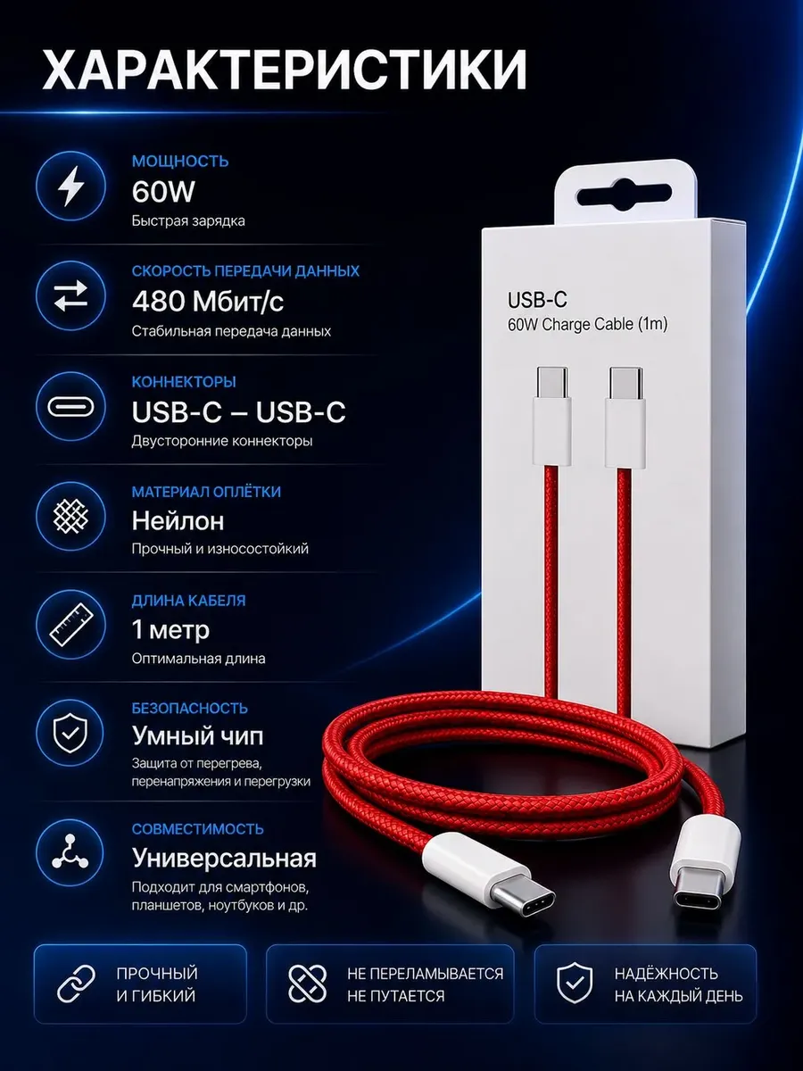 Кабель для мобильных устройств USB Type-C/USB Type-C 1 м — фото 3