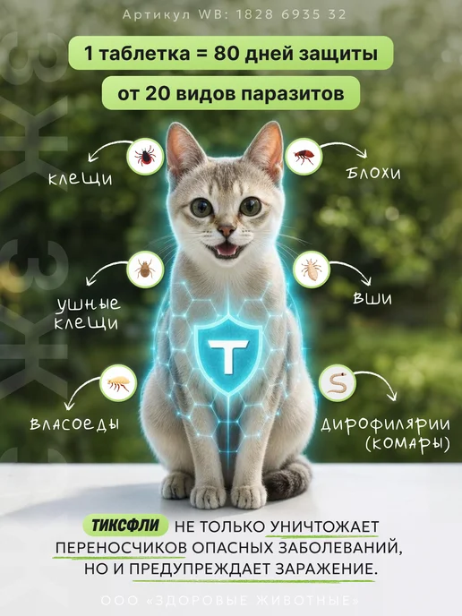Тиксфли Таблетки от блох и клещей для кошек 1,8-3,1 кг, 1 табл, вариант, фото 2