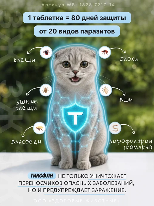 Тиксфли Таблетки от блох и клещей для кошек 3,2-6,5 кг, 1 табл, вариант, фото 2
