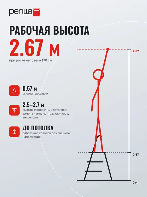 Perilla Стремянка стальная 3 ступени, держатель для ведра, 120 кг, фото 2