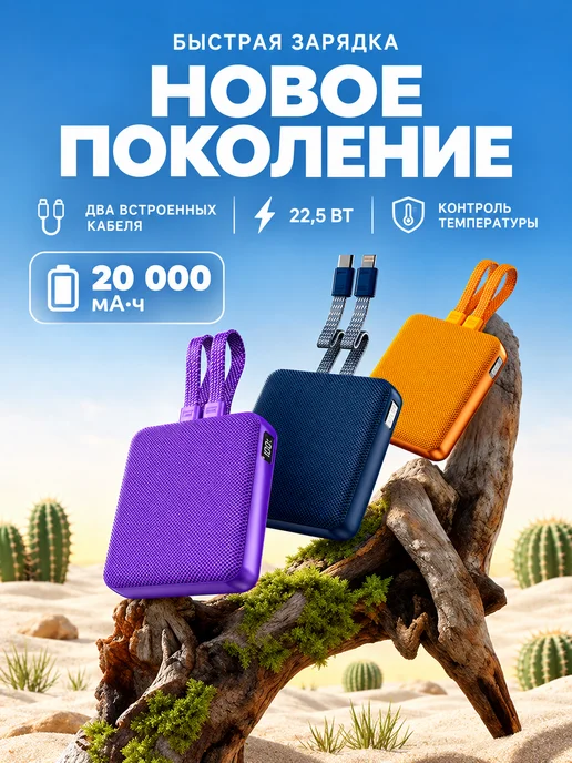 Внешний аккумулятор 20000 мАч 33Вт с кабелем, синий, 20000 мАч, 33 Вт, фото 3