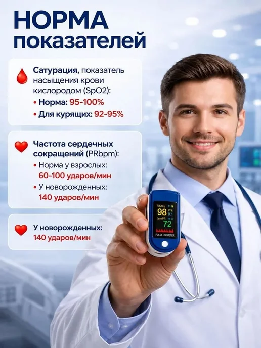 Пульсоксиметр на палец для измерения сатурации и пульса, вариант, фото 4