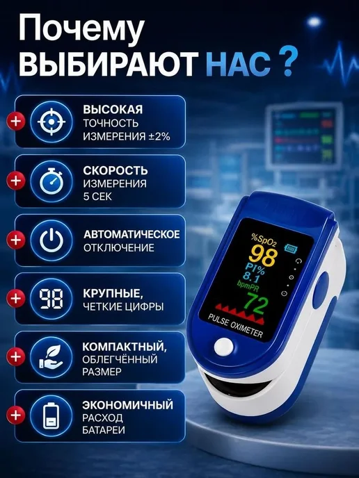 Пульсоксиметр на палец для измерения сатурации и пульса, вариант, фото 6