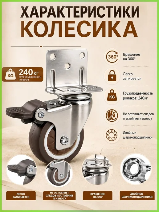 Поворотное мебельное колесо с тормозом, 15 см, вариант, фото 3