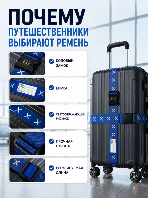 Ремень для багажа с кодовым замком, оранжевый, 2 шт, синий, фото 6