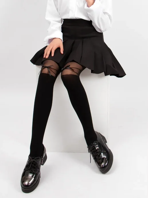 Капроновые колготки нарядные школьные с имитацией чулок, черный, фото 2
