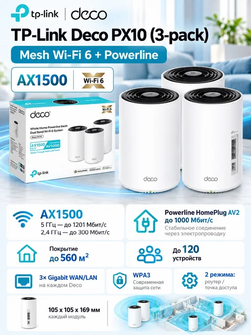 TP-link Deco PX10 (2-pack) — Mesh Wi-Fi 6 AX1500 с Powerline AV1000, 3 шт