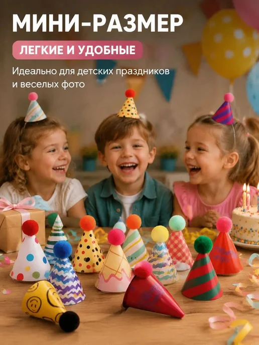 Праздничные бумажные колпаки с помпонами, 30 шт, 30 шт, фото 2