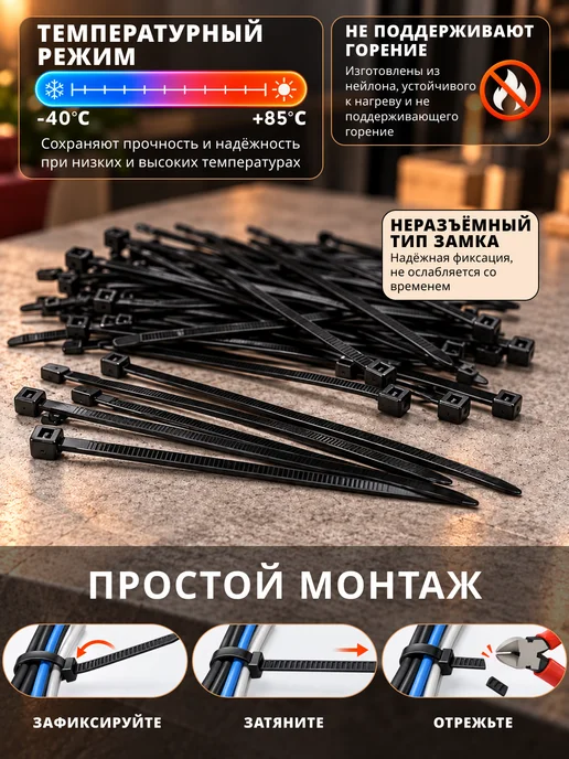 Само-делкин Хомут для стяжки нейлоновый пластиковый, черный, фото 3