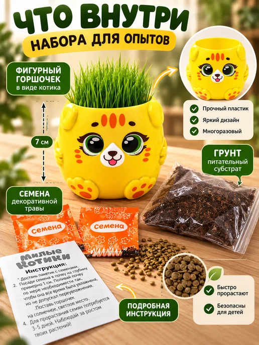 KUDUSAI3 Набор для опытов Котики. Выращиваем травку, вариант, фото 3