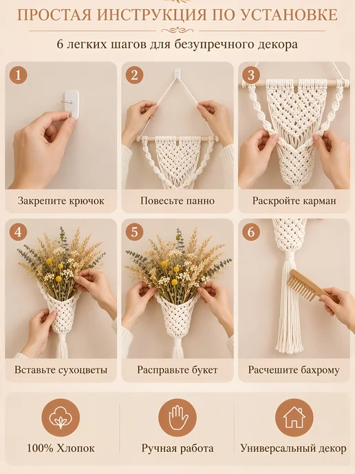 Настенное декоративное панно из хлопкового шнура, для цветов, белый, фото 3