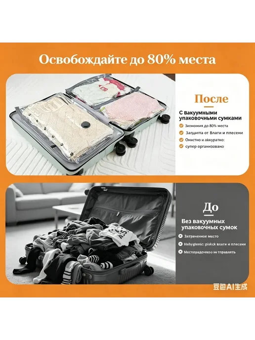 Вакуумные пакеты для одежды в поездки с электронасосом15 шт, серый, фото 5
