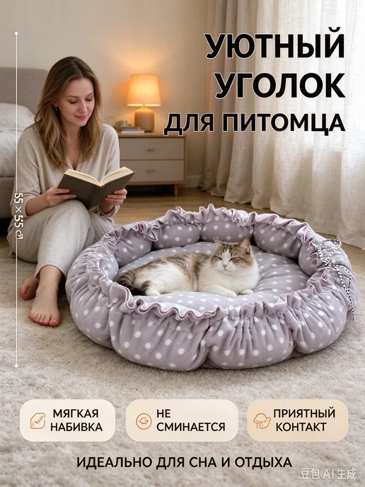 Лежанка для кошек и собак 55×55 см мягкая, регулируемая, 55x55 см, фото 5