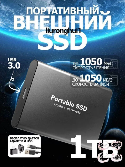 Внешний портативный SSD диск ТБ，Type-C, скорость чтения/записи до 1050 МБ/с, портативный мобильный накопитель 14TB, 1 ТБ