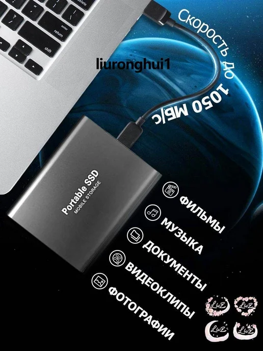 Внешний портативный SSD диск ТБ，Type-C, скорость чтения/записи до 1050 МБ/с, портативный мобильный накопитель 14TB, 1 ТБ, фото 4
