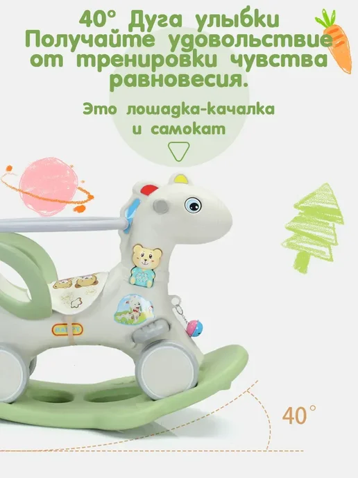 Качалка беговел лошадка единорог музыкальный, зеленый, фото 2