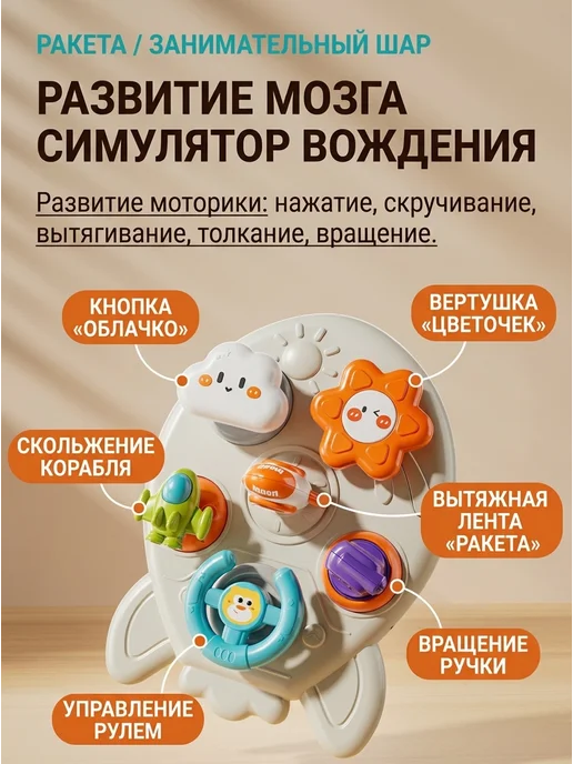 MomKid Бизиборд 6в1 на кроватку из безопасного ABS, бежевый, фото 3