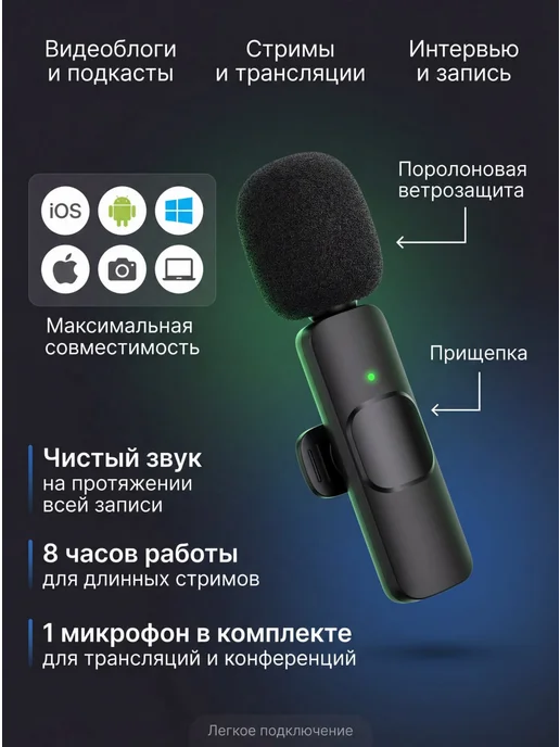 Микрофон петличный беспроводной с шумоподавлением, черный