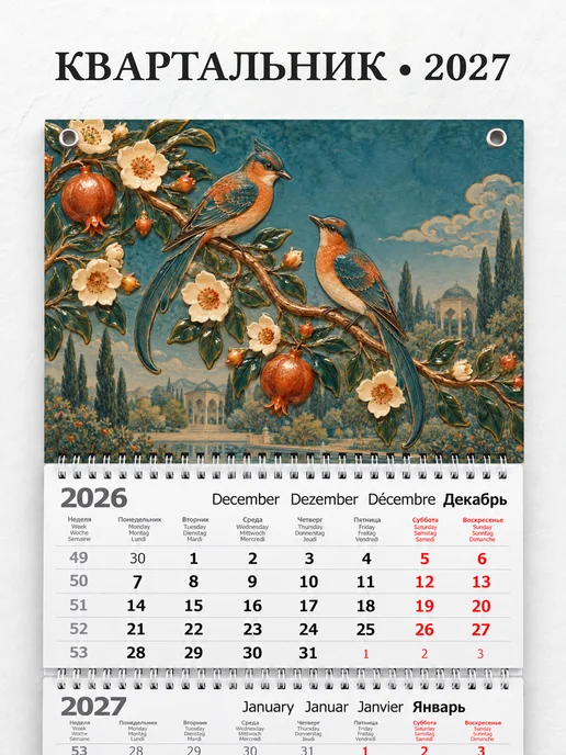 Календарь квартальный 2027 Персидские миниатюрные птицы