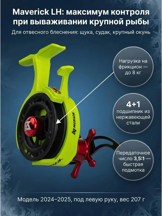 Nisus Катушка для зимней рыбалки MAVERICK LH, зеленый