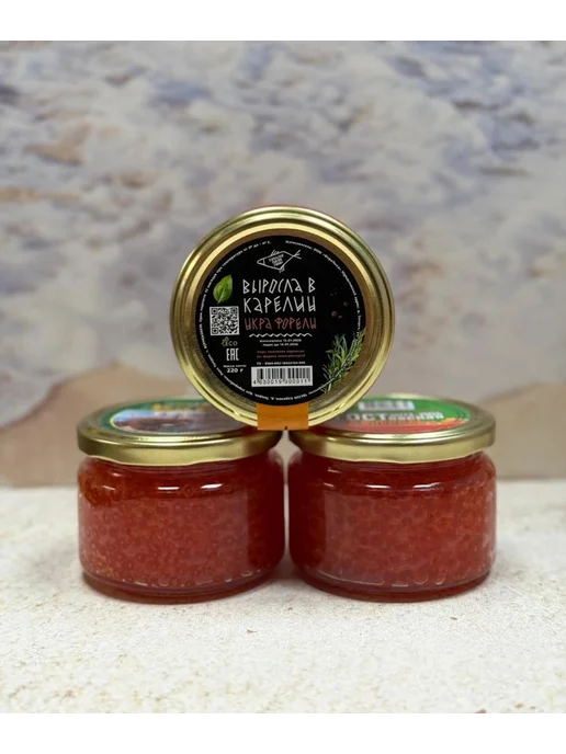 Икра 3 банки Икра красная лососевая форели, в стеклянной банке, красный, фото 2