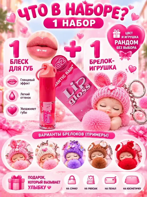 кр95 Детский блеск для губ с брелоком-игрушкой, набор для девочек, розовый, фото 3