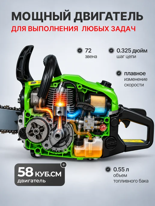 Eco Бензопила цепная бензиновая 58-18 18" 0.325 1.5 (72зв), зеленый, фото 2