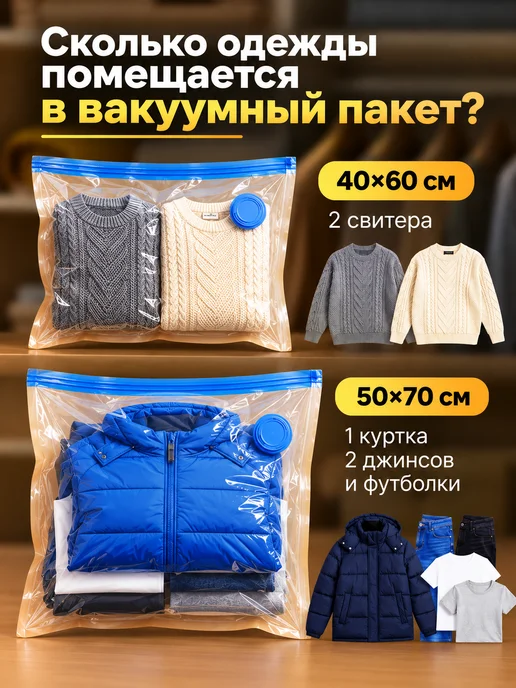 Han&K Вакуумные пакеты для одежды многоразовые с клапаном 10 шт, 10 шт, фото 6