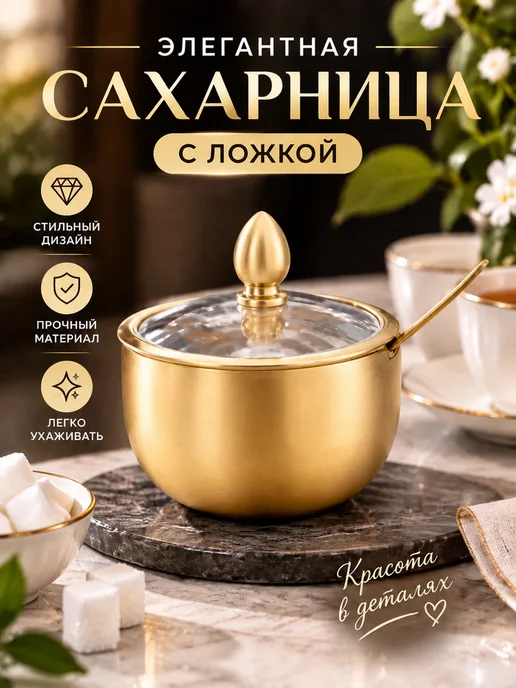 Сахарница с ложкой нержавеющая золото, золотой, фото 2
