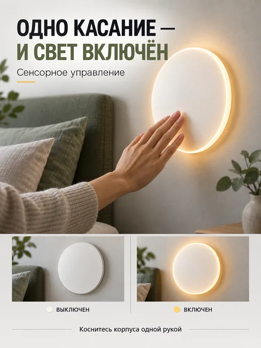 Сенсорный настенный бра круглый, вариант, фото 3