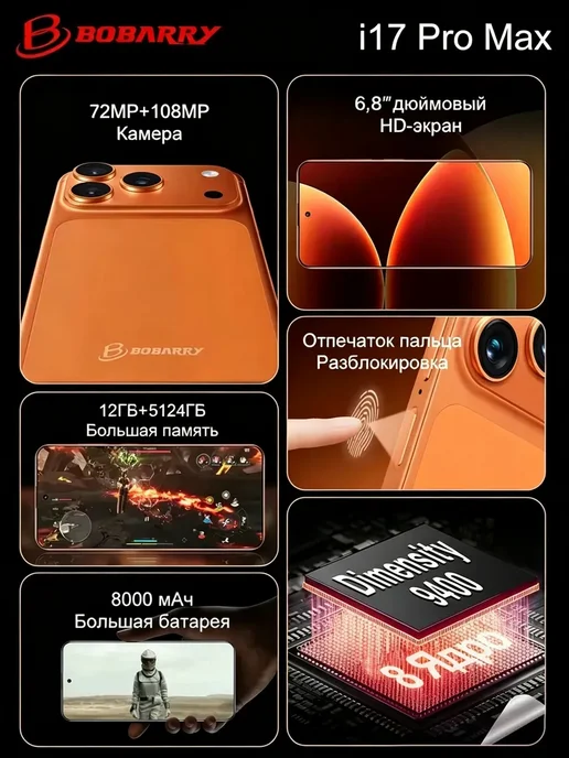 Смартфон Pro Max Iphonc I17 Pro Max 1/1024 ГБ, черный, фото 3