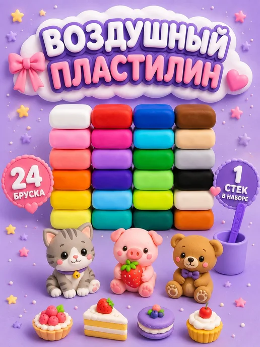 Легкий воздушный пластилин, 24 цвета, 24 цв.