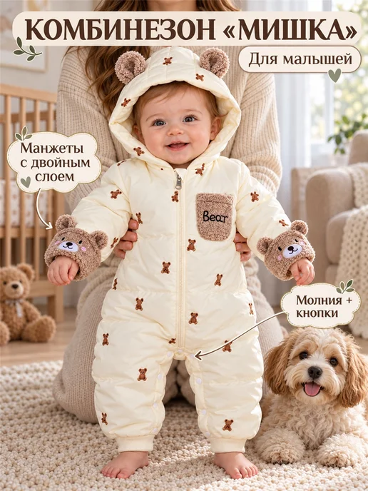 Baby and toddler warm overalls with bears, бежевый