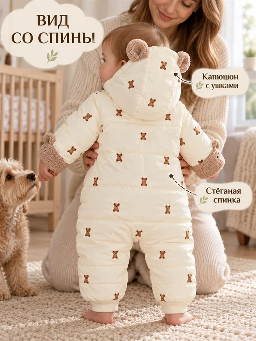 Baby and toddler warm overalls with bears, бежевый, фото 7