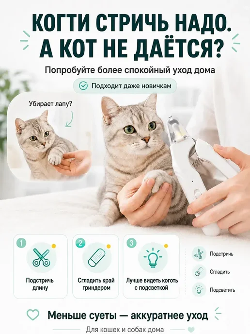 Когтерезка с гриндером для кошек и собак с подсветкой, белый, фото 2