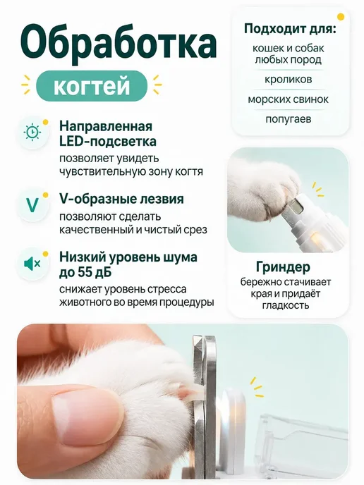 Когтерезка с гриндером для кошек и собак с подсветкой, белый, фото 3