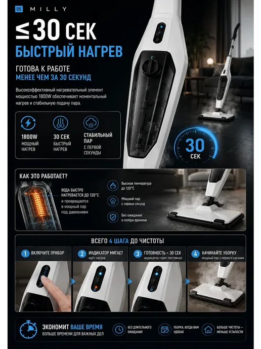 Паровая швабра с насадками для уборки, серый, фото 6
