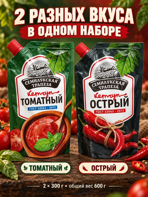 Семилукская Трапеза Набор кетчупов Томатный и острый 2 шт, 2 шт, фото 2