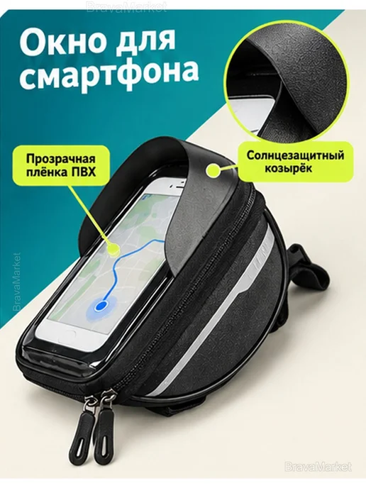 Велосумка на руль с окном для смартфона и козырьком, черный, фото 3