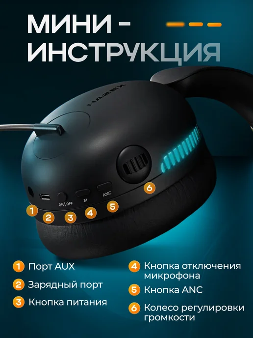 Hazex Наушники игровые беспроводные с микрофоном хейзекс 720 ANC, черный, фото 6