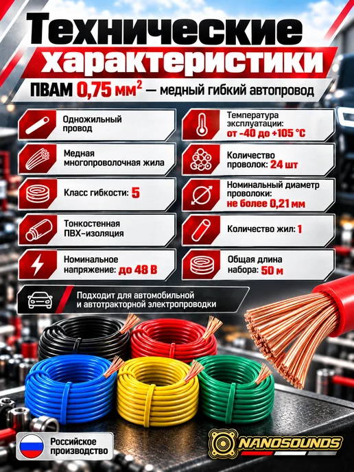 Nanosounds Провод ПВАМ 0,75 мм² медный автомобильный, 5×10 м, вариант, фото 5