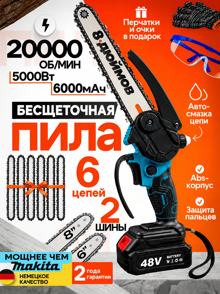 Metooks Пила аккумуляторная садовая цепная мини сучкорез 8+6 дюймов MeTools ...