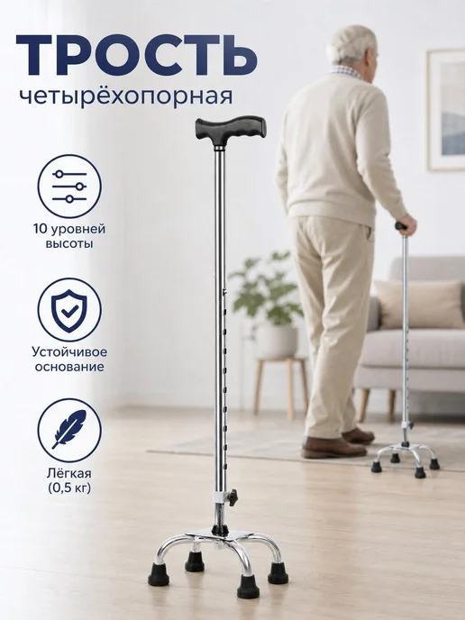 Трость четырехопорная нескользящая стальная, вариант