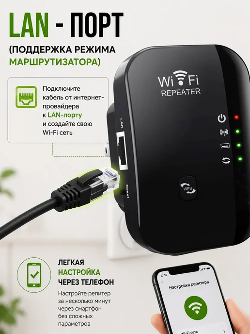 Усилитель беспроводного Wi-Fi сигнала репитер, черный, фото 5