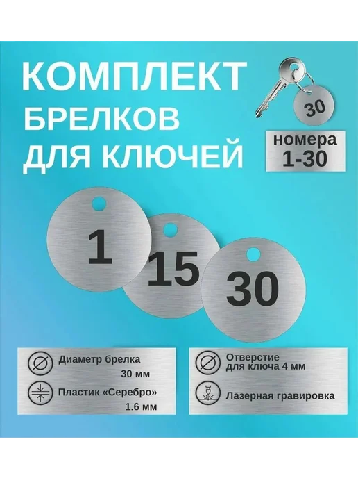 Номерки на ключи, комплект 30 шт, серебристый пластик, 30 шт, фото 2