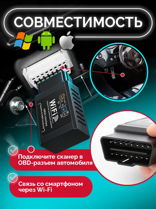 Сканер Wi-Fi автомобильный диагностический автосканер elm327, черный, фото 3